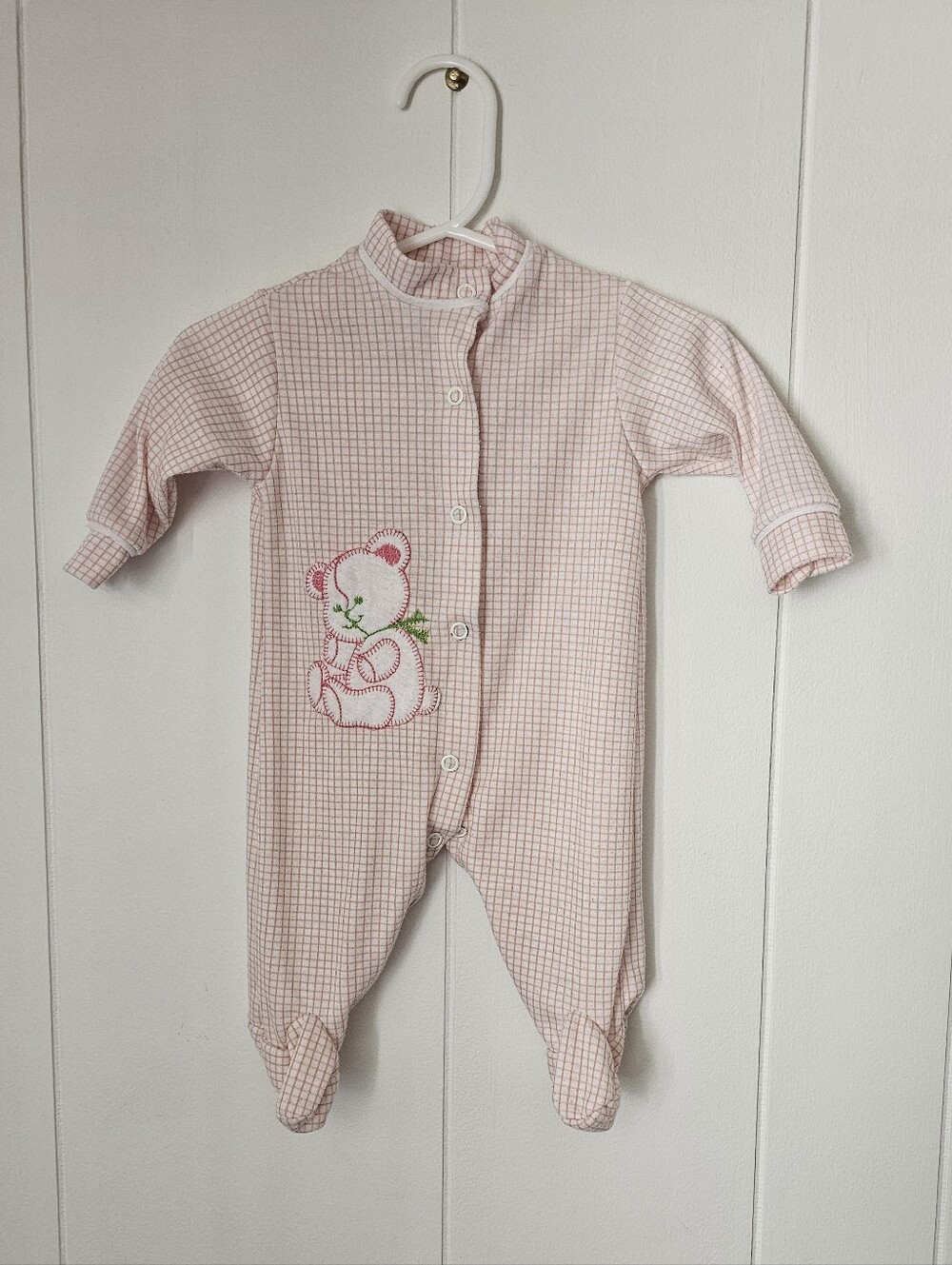 Vintage Flannel Footed Newborn Baby Button Down Sleeper with Bear Applique